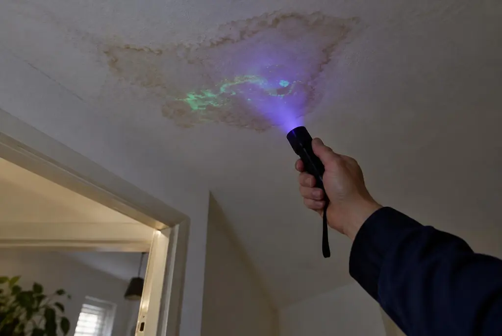 Lekdetectie Schiedam – kleurstof controleren op het plafond met uv-licht