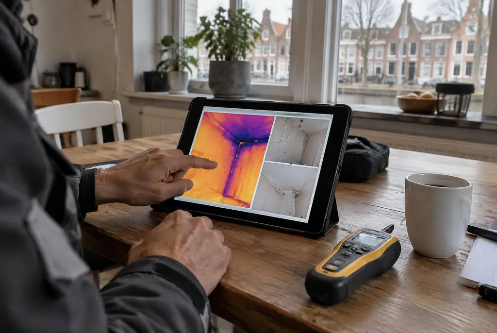 Lekdetectie Schiedam – lekdetectierapport met warmtebeelden en foto's op een tablet