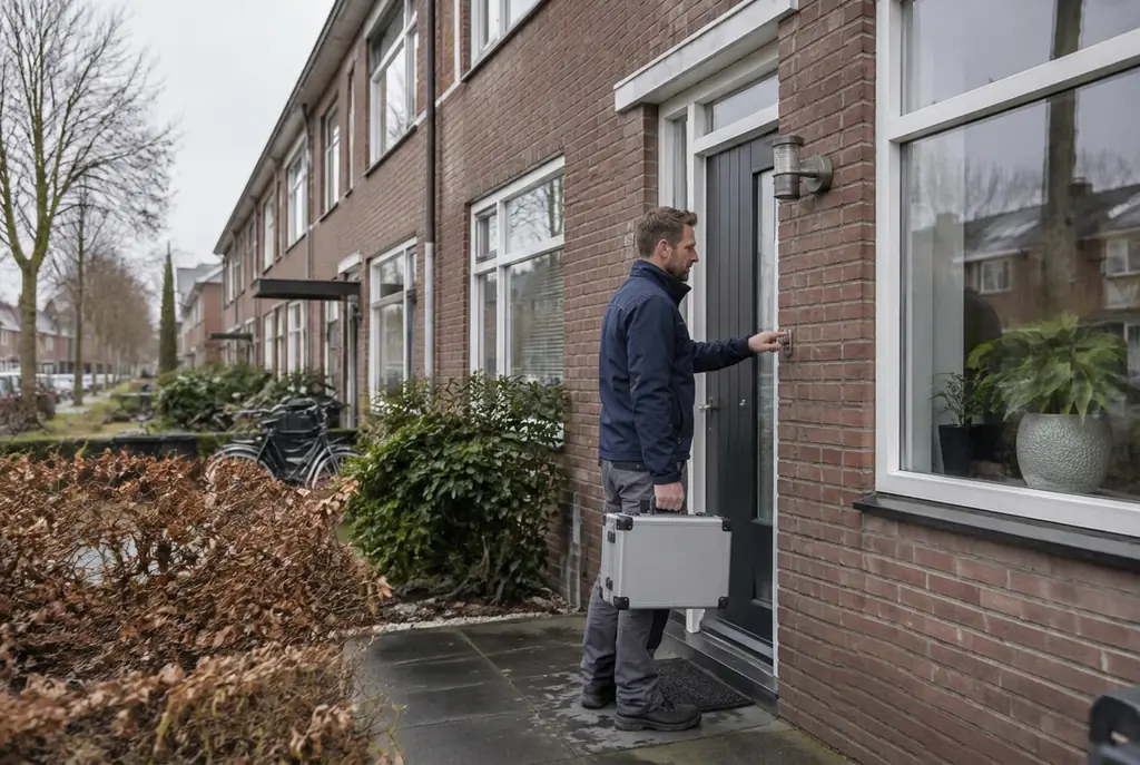 Lekdetectiespecialist met meetkoffer bij de voordeur van een woning in Schiedam
